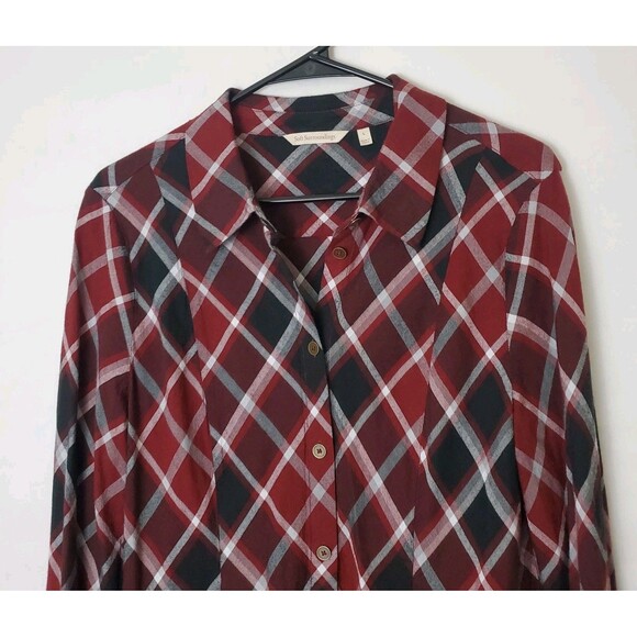 Soft Surroundings Tunic Top Size L Red Black Plaid Long Sleeve Button Down - Picture 3 of 7